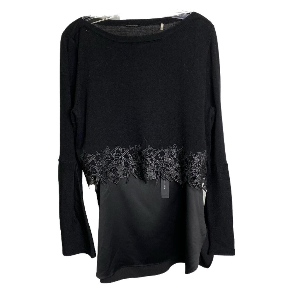 Elie Tahari Women's L Mini Dress Black Floral Embroidered Sweater Plus Satin NWT